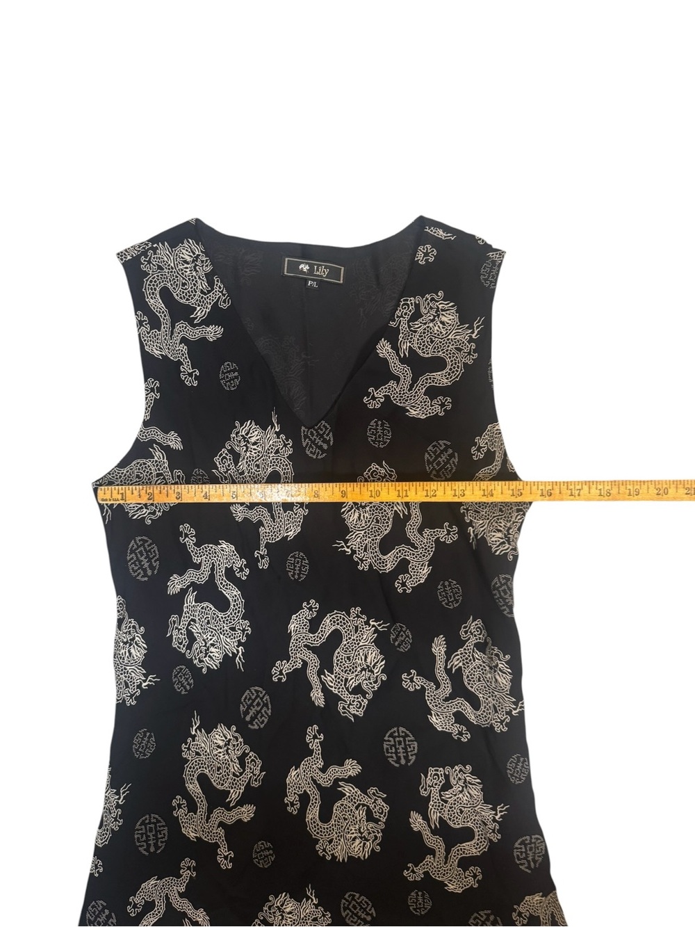 Lily Black Dragon Print Sleeveless Shift Dress V-Neck Sheer Overlay Size P/L View 3